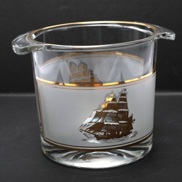 Vintage Nautical Frosted Glass Ice Bucket Ship Gold Clear France  Culver MCM - Picture 3 of 10